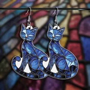 Whimsical Blue Cat Earrings with Artistic Patterns